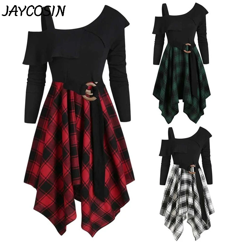 JAYCOSIN женское платье с длинным рукавом, асимметричное платье в шотландскую клетку с поясом, мини-платье трапециевидной формы