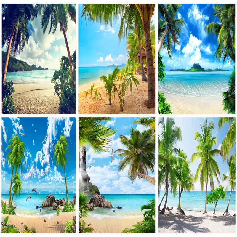 Летний фон для фотосъемки с изображением тропического моря пляжа пальм дерева |