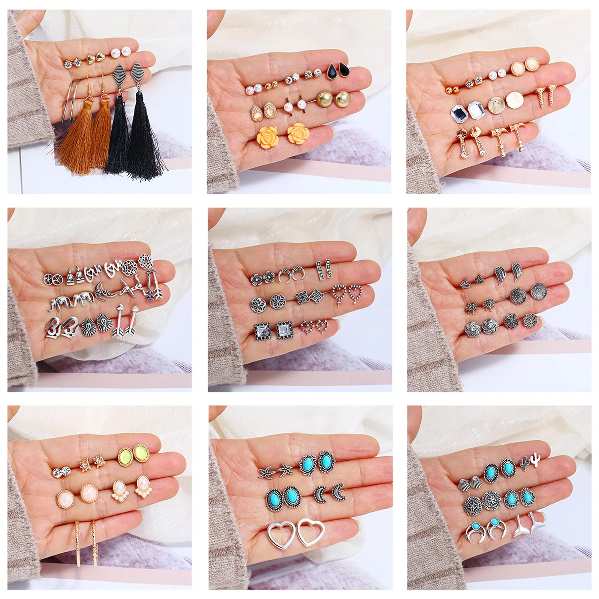 

Vintage Ethnic Long Tassel Earrings for Women Lady Bohemian Alloy Inlaid Rhinestones Pearl Flower Heart-shaped Earring Set