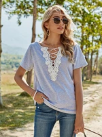 2021 spring new t shirt women casual lace patchwork v neck short sleeve top female solid color summer t shirt for women gray