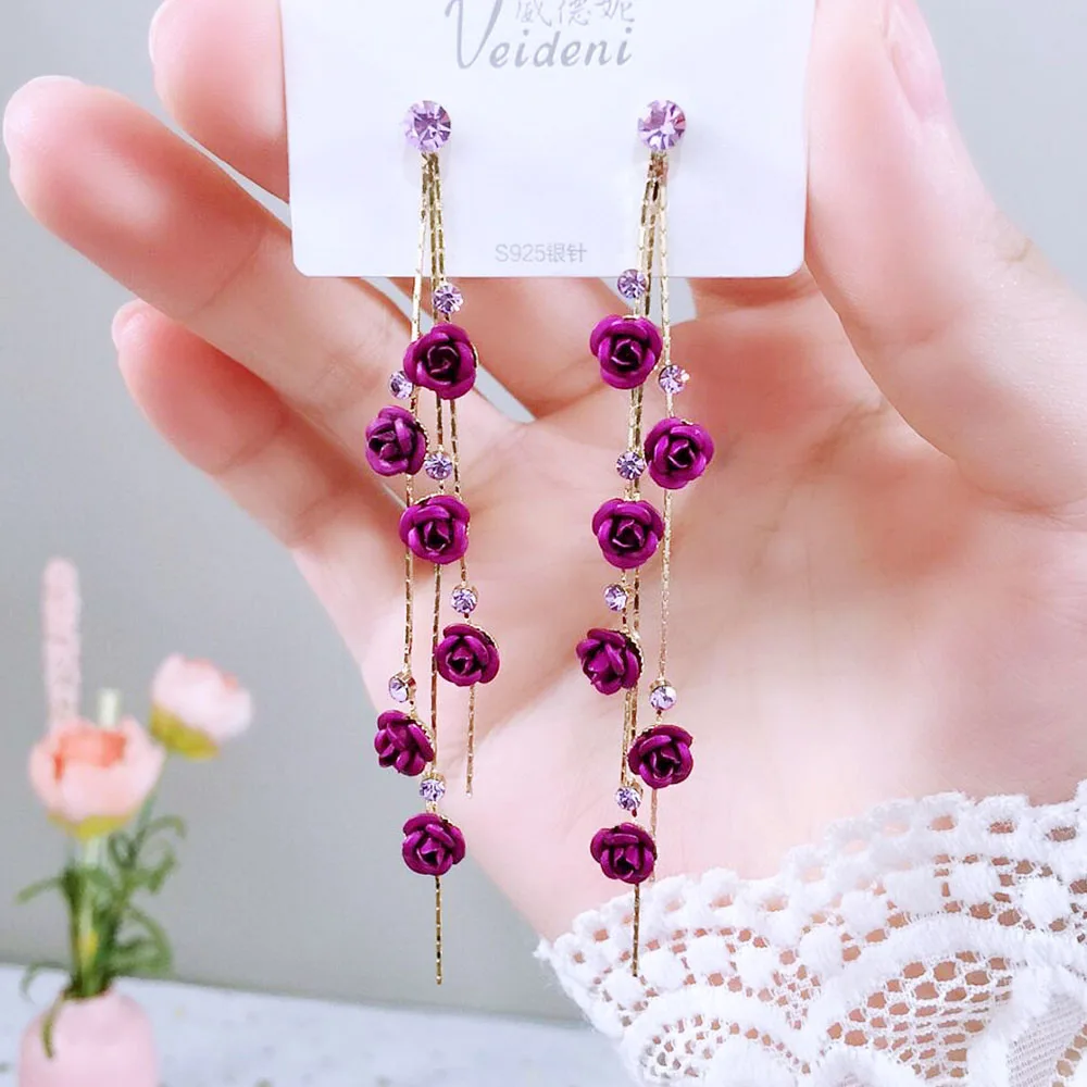 

Fashion Rose Petal Drop Earrings Women Blue White long tassel Dangle Earrings Weddings Party Jewelry Accessories Gift Red Rose