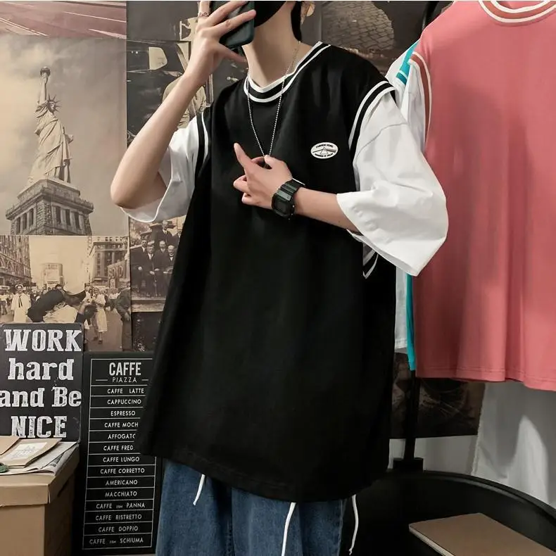 

Fake two short sleeve t-shirt men's spring and summer fashion brand loose couple top summer sports half sleeve short T-shirt