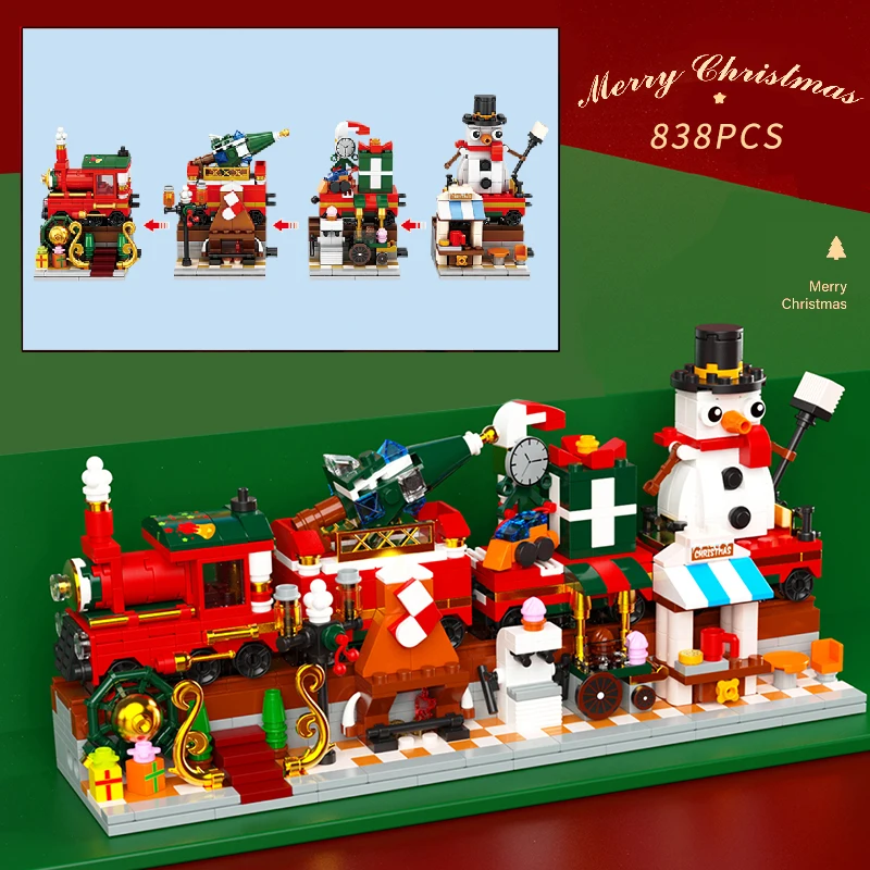 

2021 Новый Рождественский поезд городская улица вид 4 в 1 строительные блоки зимняя деревня Санта Клаус магазин кирпичей игрушки для детей под...