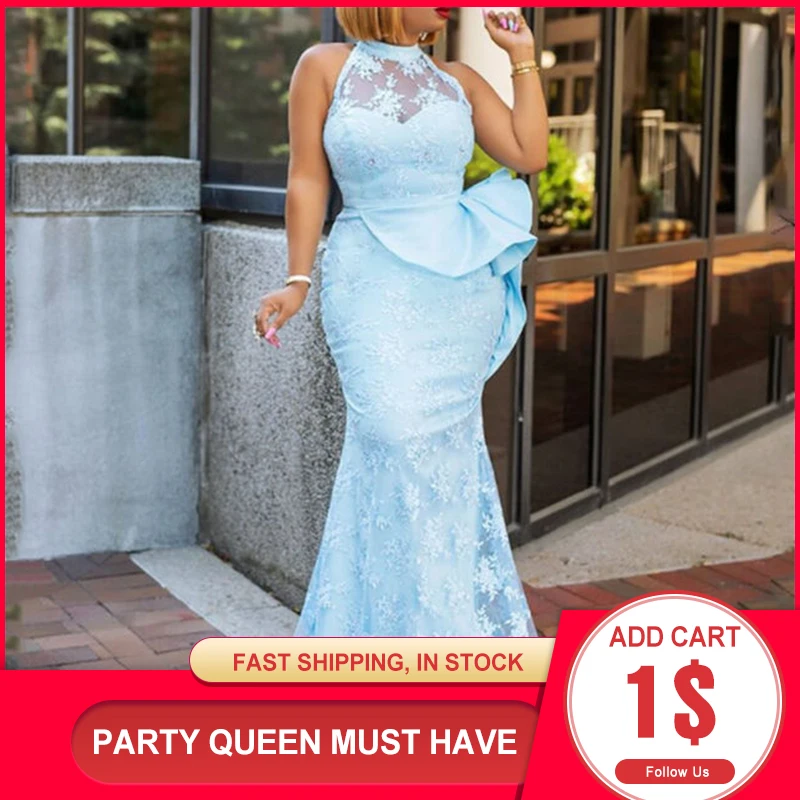 Макси летнее Голубое Кружевное сексуальное платье с прозрачными вставками