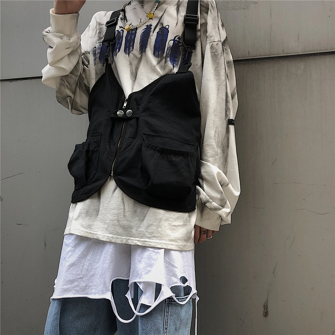Новая нагрудная сумка мужская функциональная жилетка корейский Harajuku уличный стиль Большая вместительная сумка через плечо для женщин Черная Хлопковая сумка-мессенджер