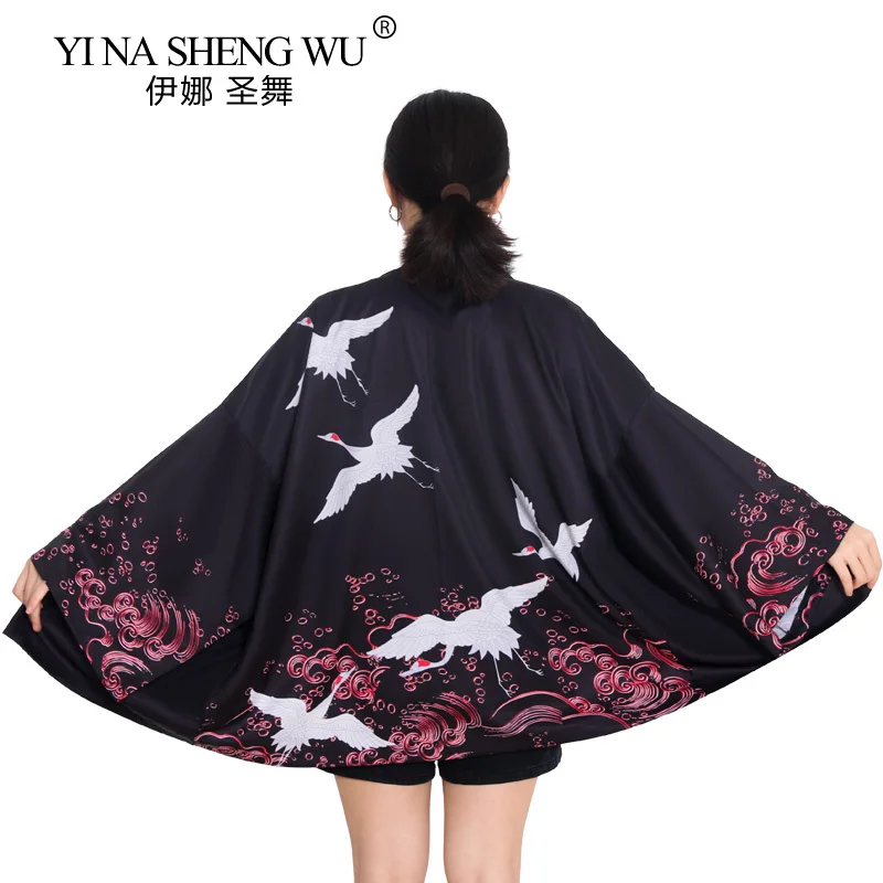 Пляжный кимоно японского стиля для женщин Yukata с принтом журавлей, летняя традиционная уличная рубашка-хаори, картдиган-оби.