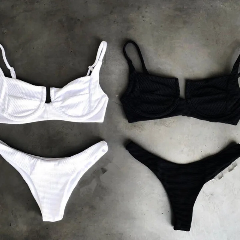 Комплект бикини женский эластичный с чашками пуш ап и высокой талией|Купальники|