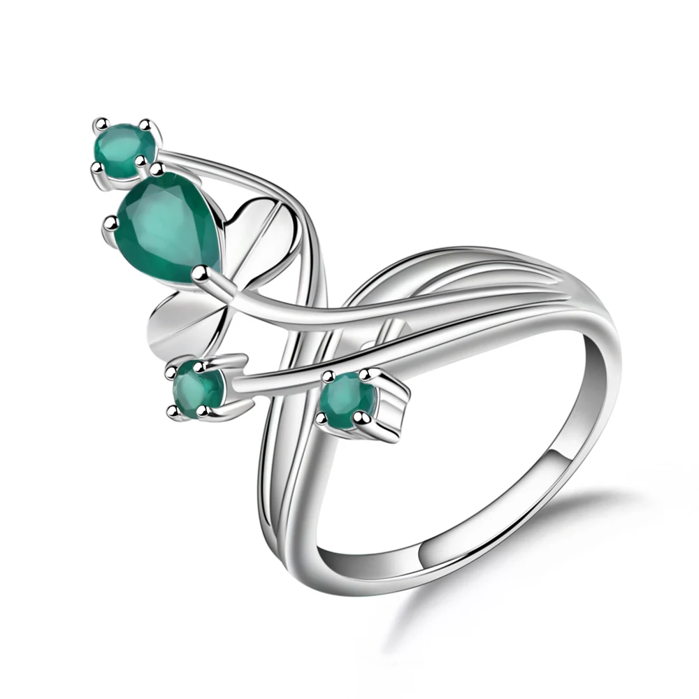 Green Agate Gem's Ballet, 0.97Ct, натуральный зеленый агат, натуральный камень, кольцо, твердый 925 пробы, Серебряный цветок, кольцо для женщин, свадебное ювелирное изделие - Цвет камня: Green Agate