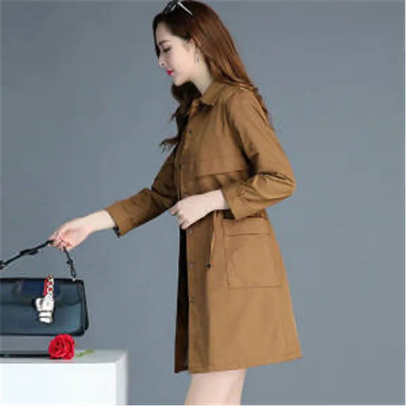 

Women Pocket New Spring Autumn Windbreaker Female Mid-Length Korean Style Jacket Women Slim Large Size Button Youth Coat A03