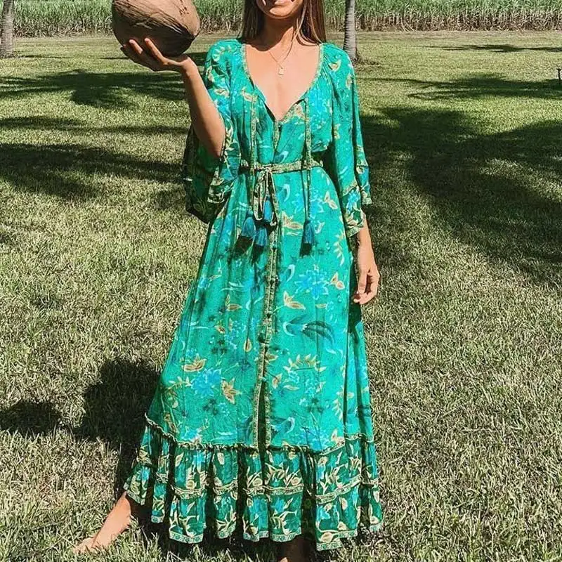 Женское летнее платье макси с рукавами фонариками и V образным вырезом|Женские