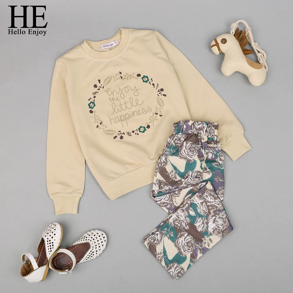 

HE Hello Enjoy Girls Clothes Set Children Clothing Spring Autumn Fashion Kids Long Sleeve Sweater+Print Pants Casual Tracksuit