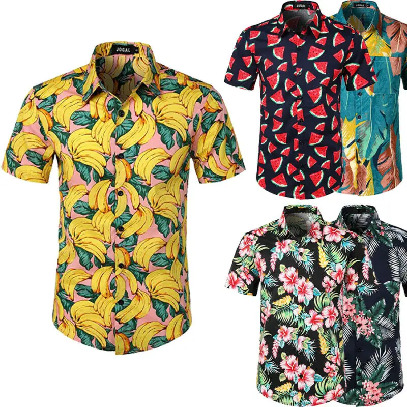 2021 Fashion Men‘s Short Sleeve Hawaiian Shirt Tops Fruit Floral Printed Blouse Plus Size Summer Casual Beach Shirts for Men