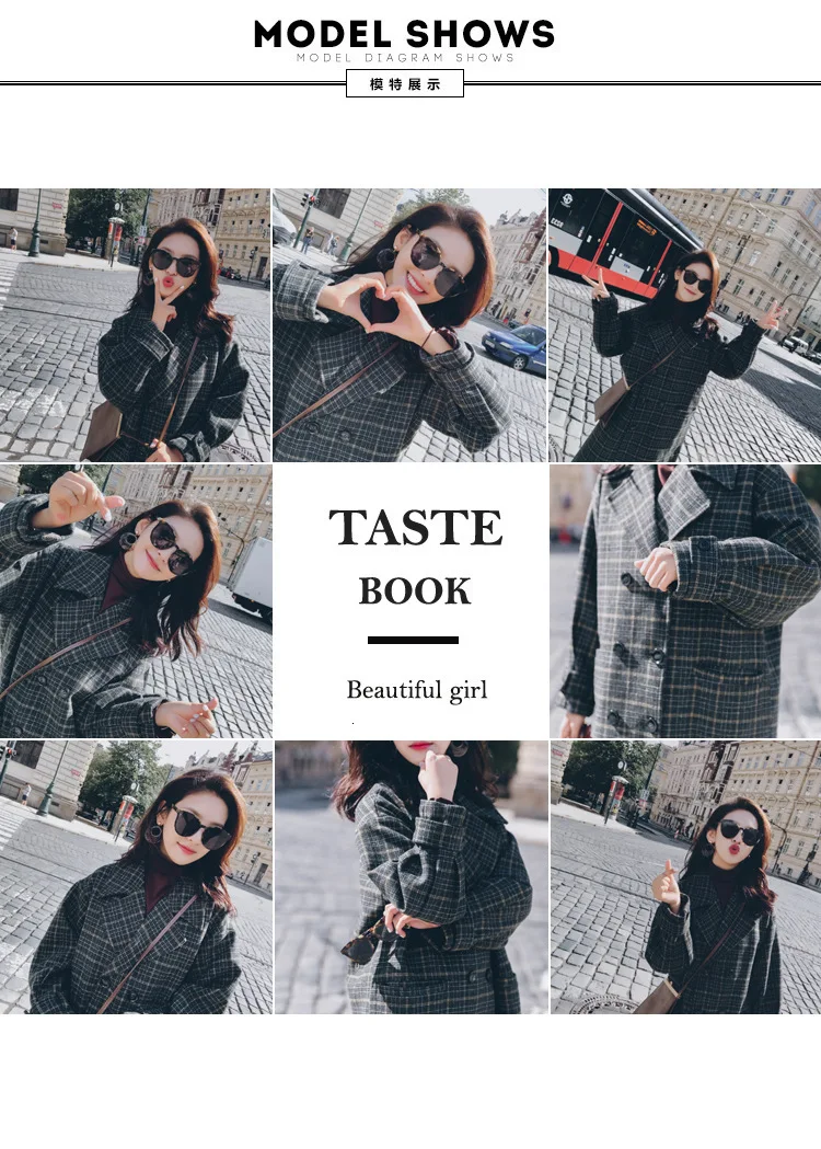 Vintage Plaids Clothes Loose Woollen Coat Women's New Checked Coat Baggy Silhouette Overcoat Tweeds Winter female Outerwear