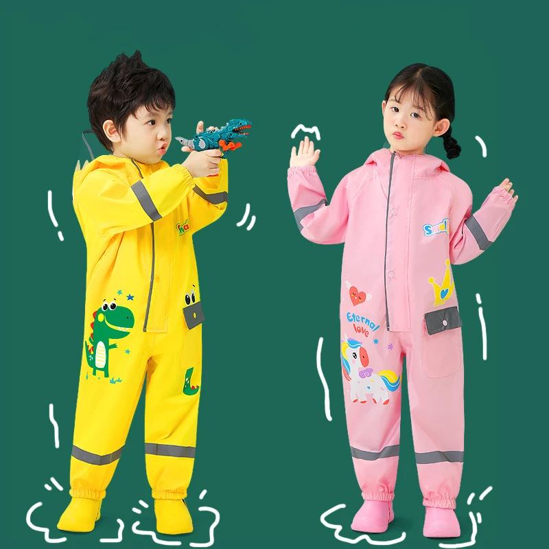 1-9 Years Children Fashionable Waterproof Jumpsuit Raincoat Hooded Cartoon Unicorn Kids One-Piece Suit Baby Waterproof Sets