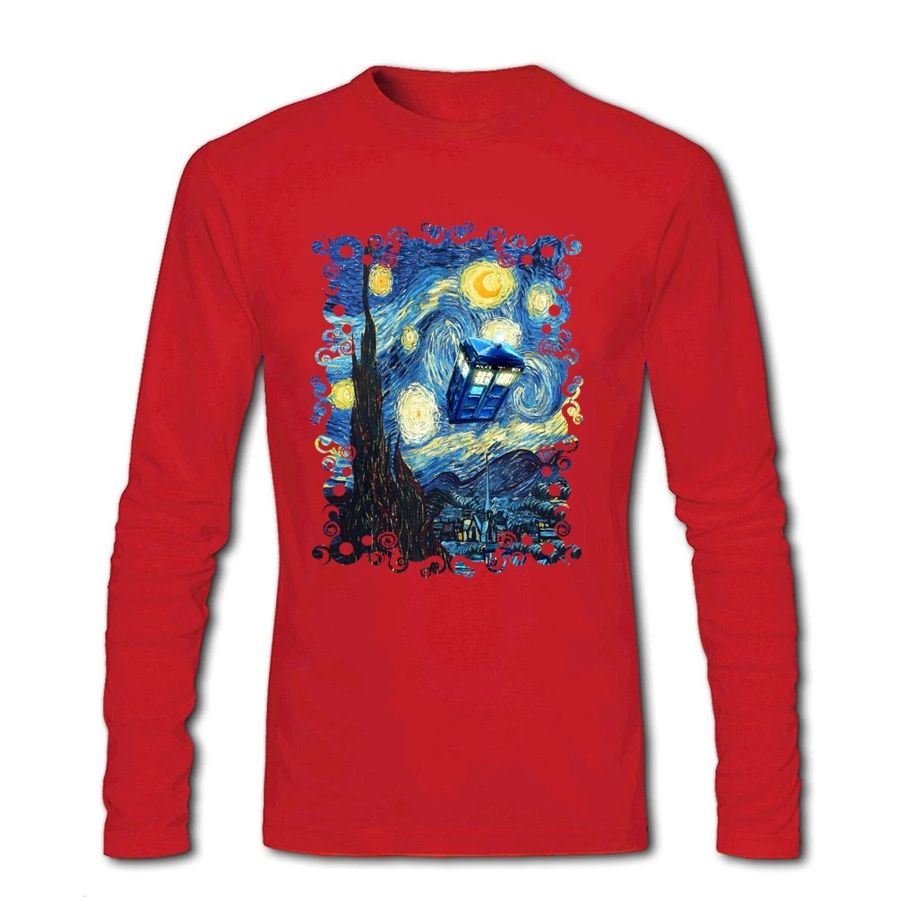 Удобная мужская футболка с телефонной будкой Доктор Кто Ван Гог Звездная ночь 100%