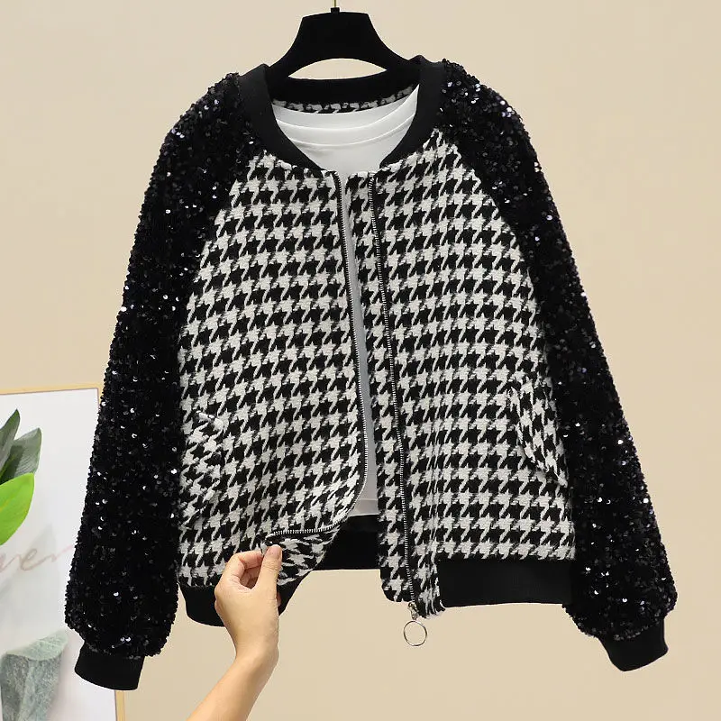 

Plaid stitching black sequined jacket women's blouse short baseball suit collar zipper fashion spring women's coat tide