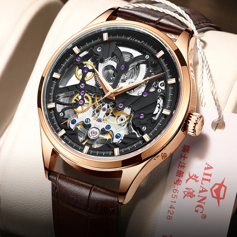 AILANG New Business Men Luminous Waterproof Moon Phase Display Perspective Hollow Fully Automatic Mechanical Watch Pointer 8607G