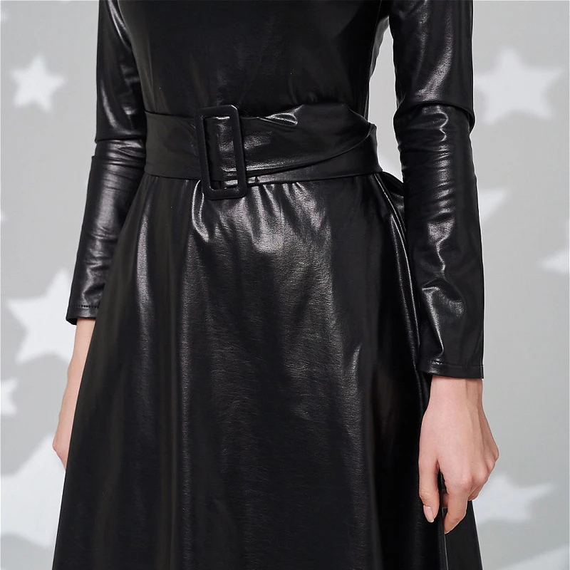 

Fashion Belt Faux Leather Dresses Women Long Sleeve Slim Fit PU Dress Sexy Club Wear New Arrival 2020 Autumn Winter