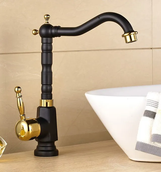 

Golden Black Brass 1 Hole Deck Mount Kitchen Bathroom Sink Faucet Swivel Spout Hot Cold Mixer Water Tap 2nf807