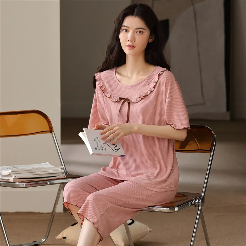 Modal Women's Pajamas Set Summer Simple Leisure Nightgown & Sleepstirts Short Sleeve Calf-Length Pants Thin Home Suit Sleepwear