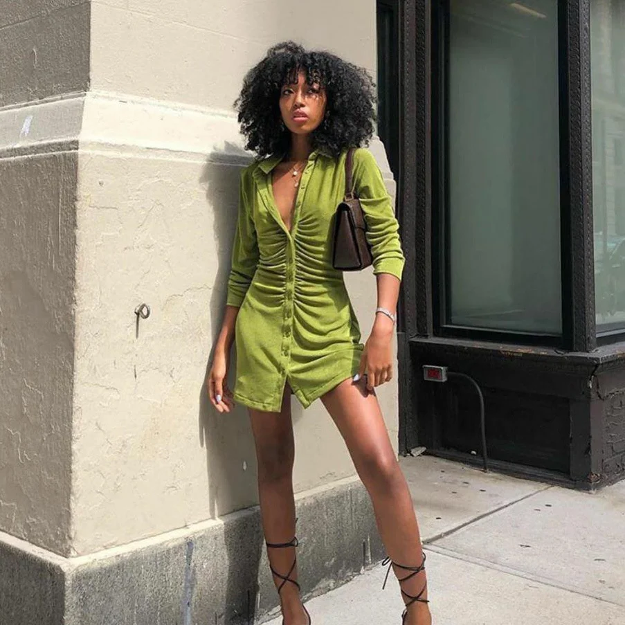 

Turn-Down Collar Green Women Shirt Dresses Club Party Long Sleeve Button Mini Dress Holiday 2021 Streetwear