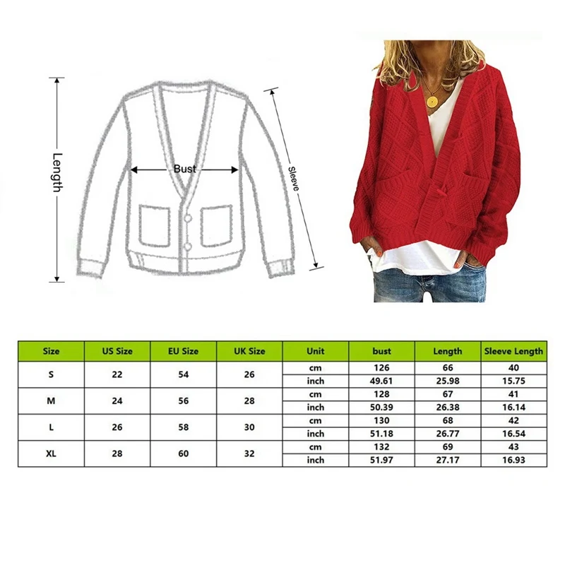 

MoneRffi Women Cardigan Vintage Solid Color Pocket V-neck Bat Sleeve Casual Sweater Loose Autumn Winter Sweaters Knitted Outwear