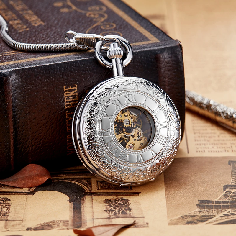 Roman Numeral Luxury Elegant Copper Mechanical Pocket Watch Sliver Case Steampunk Dual Open Skeleton Fob Chain Clock for Men