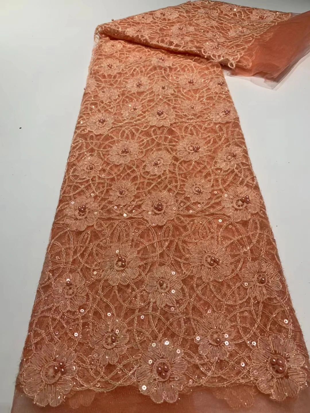 

CDN32 Nice looking embroidered French lace with sequins & beads,top quality African net lace for party dress!