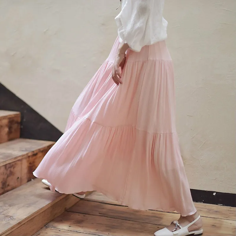 

Womens 2021 Fashion Casual High Waist Pleated Skirt Summer Cotton Linen Skirts A-Line Solid Plus Size Maxi Skirts Faldas 9958