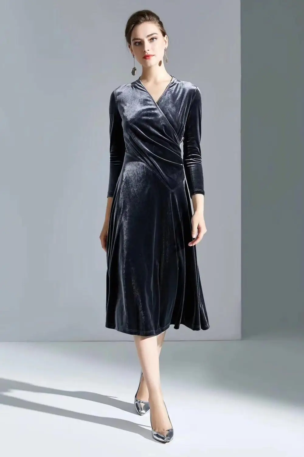 Черное темно-серое бархатное платье 2019 осень зима винтажные вечерние женские с