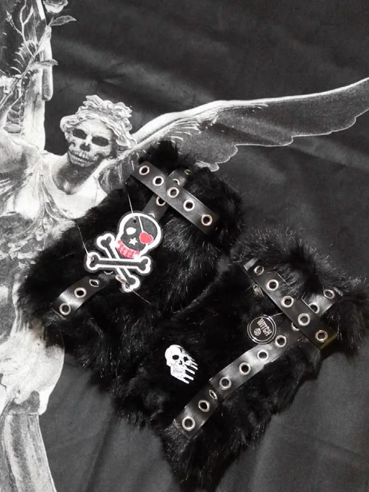 Женские плюшевые перчатки с нашивкой черепа в стиле панк Харадзюку Y2K зимние