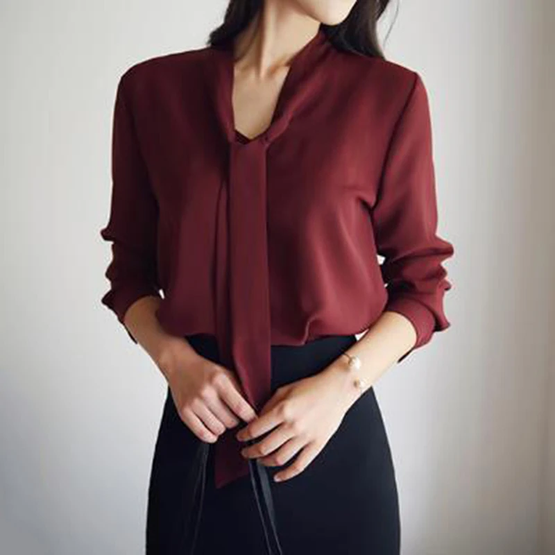 Офисные женские элегантные Однотонные блузки с длинным рукавом модные корейские