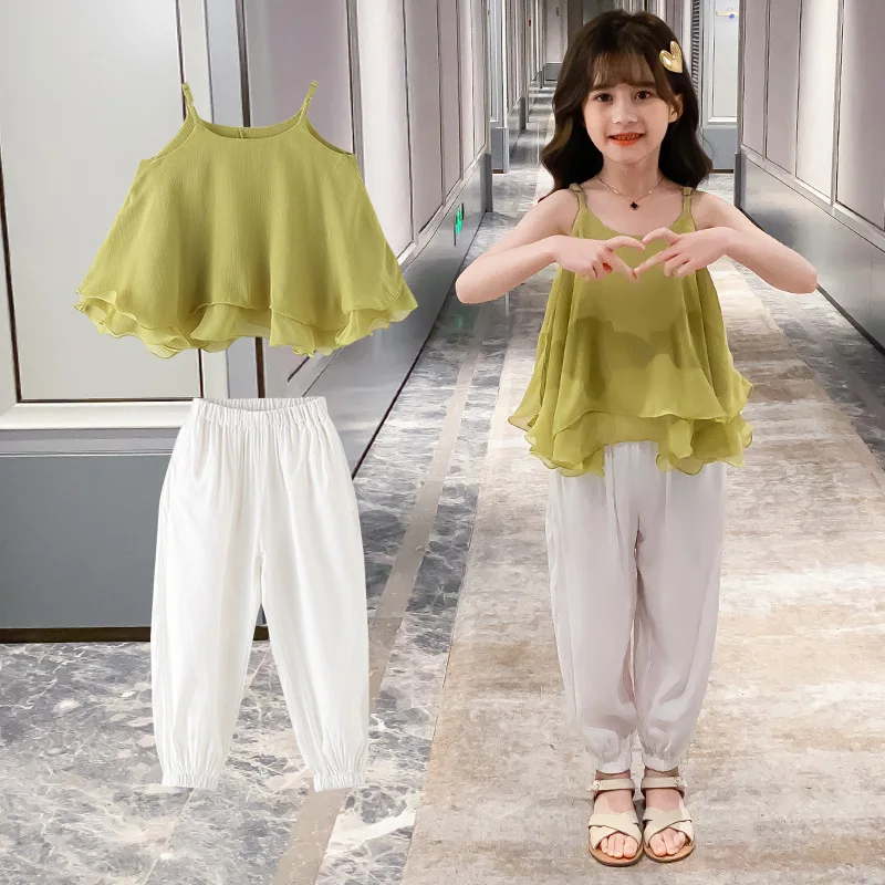 

Baby Girl Clothes Summer Kids Fashion Strap Tops and Pants Two Piece Set Children Suit Chiffon Girls Outfits 4 5 8 9 10 12 Years