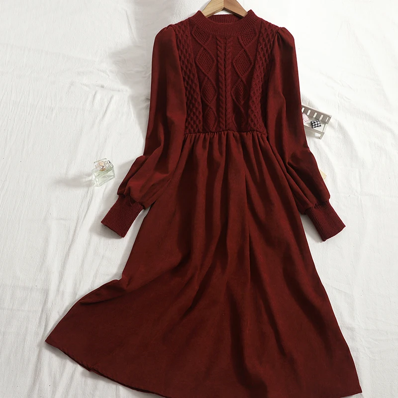 Женское трикотажное платье с круглым вырезом однотонное винтажное вельветовое