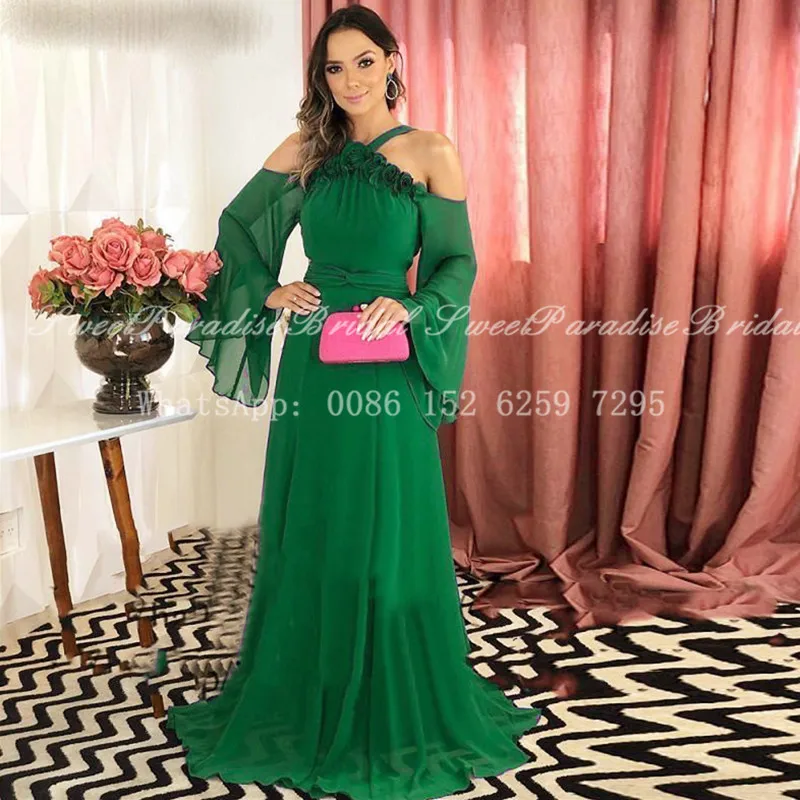 

Chic Long Sleeves Green Chiffon Evening Dress With Flowers 2020 Women Off Shoulder Halter A Line Prom Dresses Party Vetsdios