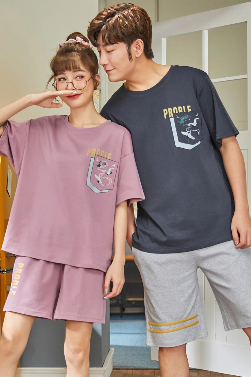 

Fashion Summer Couple Pajamas Set Cotton Plus Size O-Neck Short Sleeve Lovers Homewear Kawaii Purple Cartoon Women Sleepwear