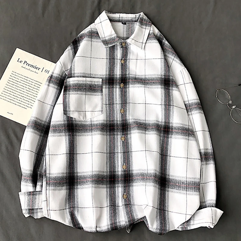 Рубашка мужская повседневная в клетку черная/белая оверсайз с длинным рукавом