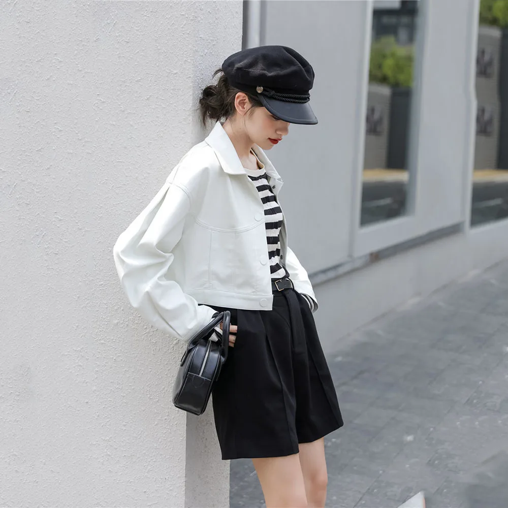 

2021 New Spring Autumn Women PU Leather Motorcycle Jacket Short Retro Turn Down Collar Streetwear Fashion Female Trend Outerwear