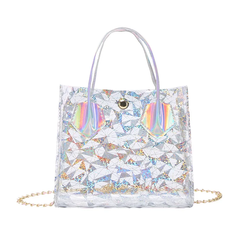 

Sequins Laser Print Transparent Clear PVC Jelly Shoulder Bag Women Girl Purse Handbag Long Chain Mini Crossbody Messenger Bags