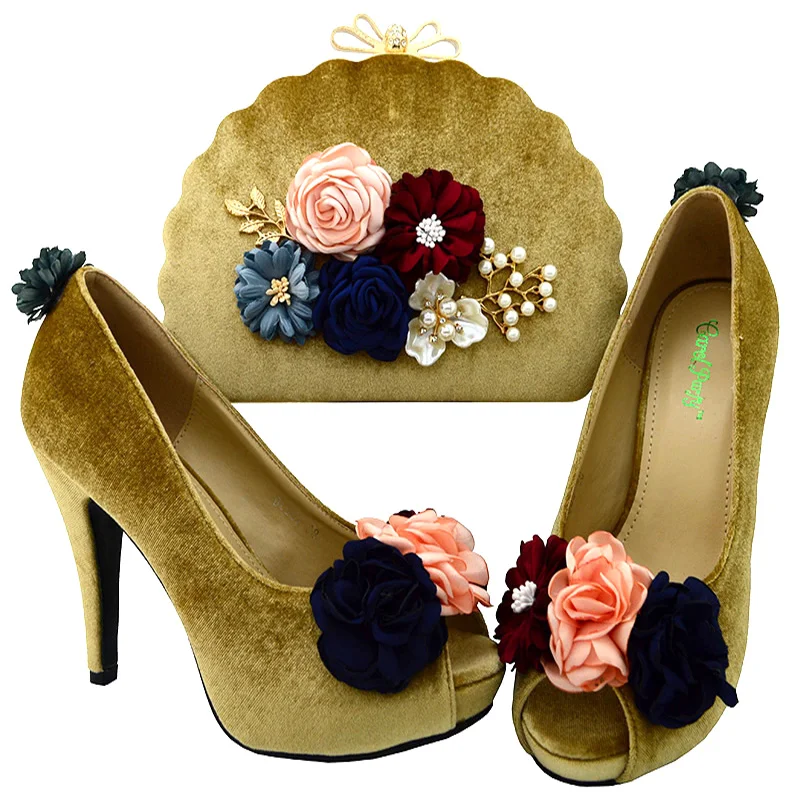 

Shoes and Bag Set Gold Color African Matching Shoe and Bag Set Decorated with Flowers Nigerian Shoes and Bag Set for Women