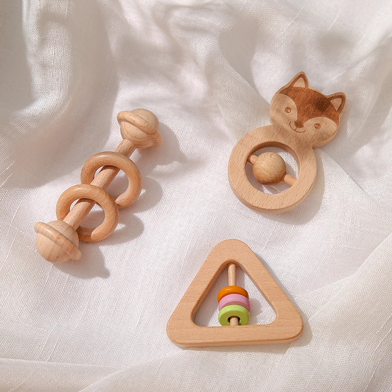 

3pcs Baby Rattle Natural Wooden Teether Animal Fox/Bear Rattles Baby Teething Chew Toy Gym Intellectual Montessori Toys