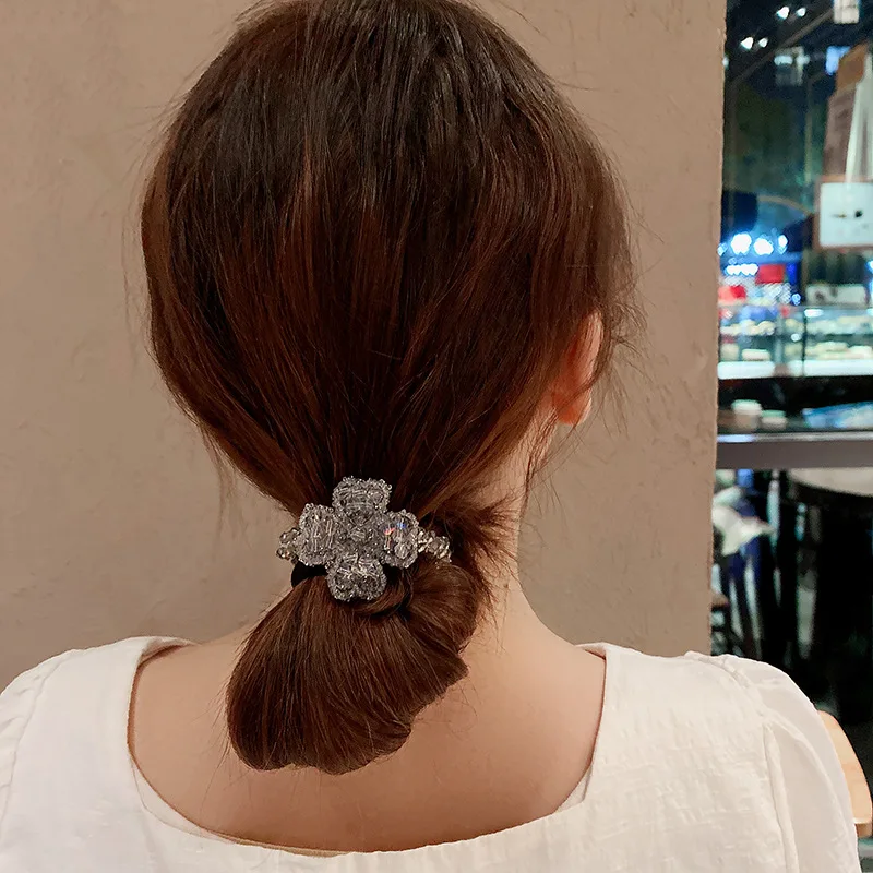 

Женские корейские банты для волос с медведем, женская модная резинка для волос с кристаллами и бусинами