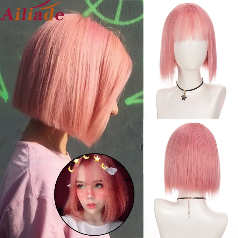 

AILIADE Synthetic Short Straight Purple Wigs with Bangs for White/Black Women Heat Resistant Fiber Wig Christmas Cosplay Wig
