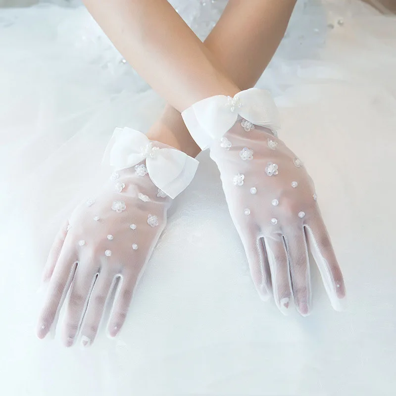 

HONGFUYU Women White Wedding Bridal Short Gloves Full Finger See Through Ribbon Bowknot Wrist Length Bridal Costume Accessories