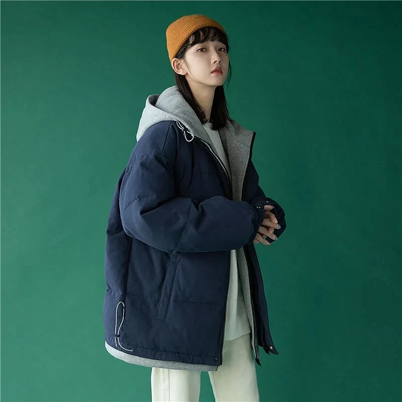 

Women's Coat Thickened Fake Two-Piece Hooded Dread Coats Female 2021 Winter New Loose All-Match Zipper Solid Color Outerwear