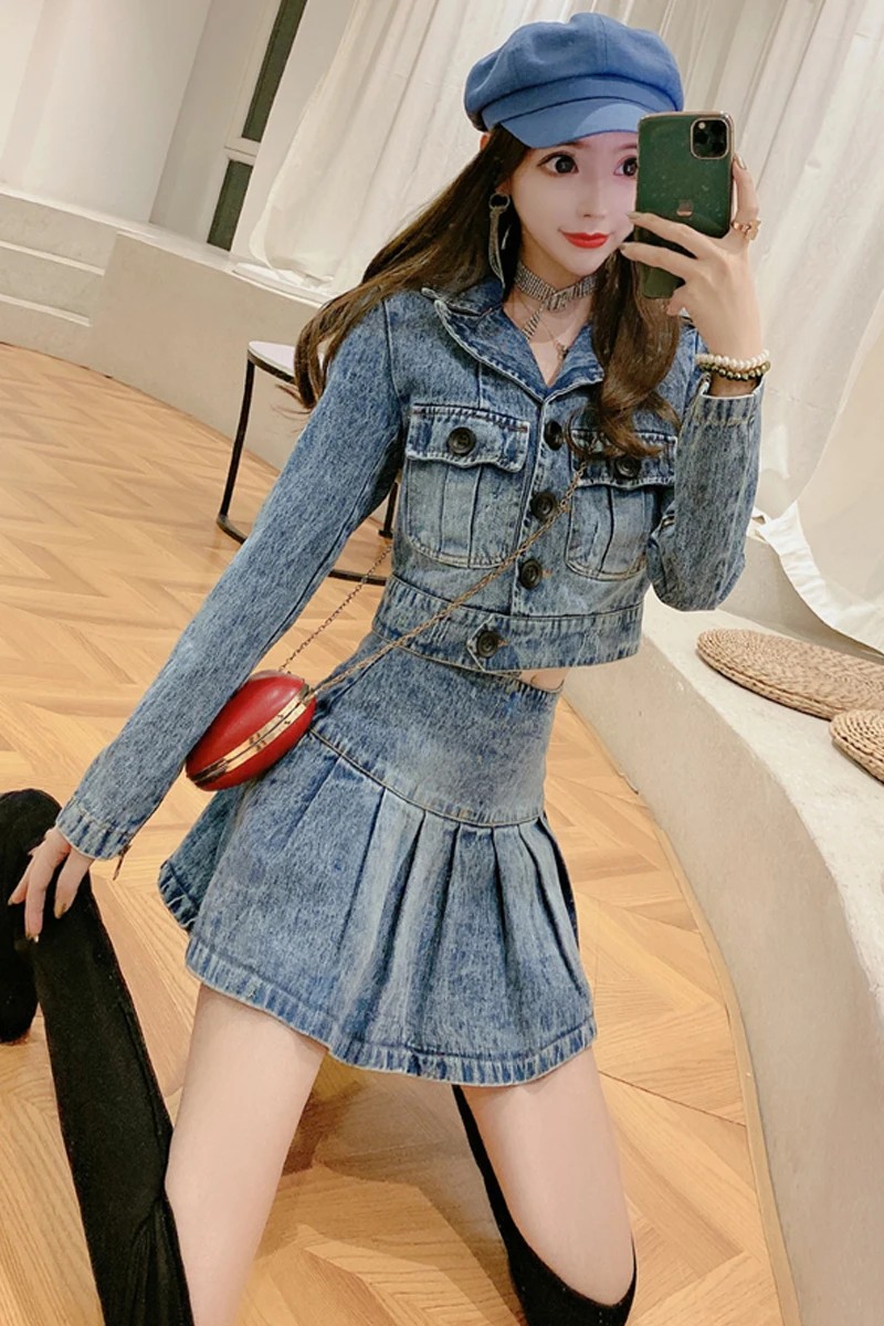 

2021 Spring Korean Style Fashion Turn-down Collar Denim Jacket for Women High Waist Slim Pleated Skirt Suit Female 2 Pieces Set
