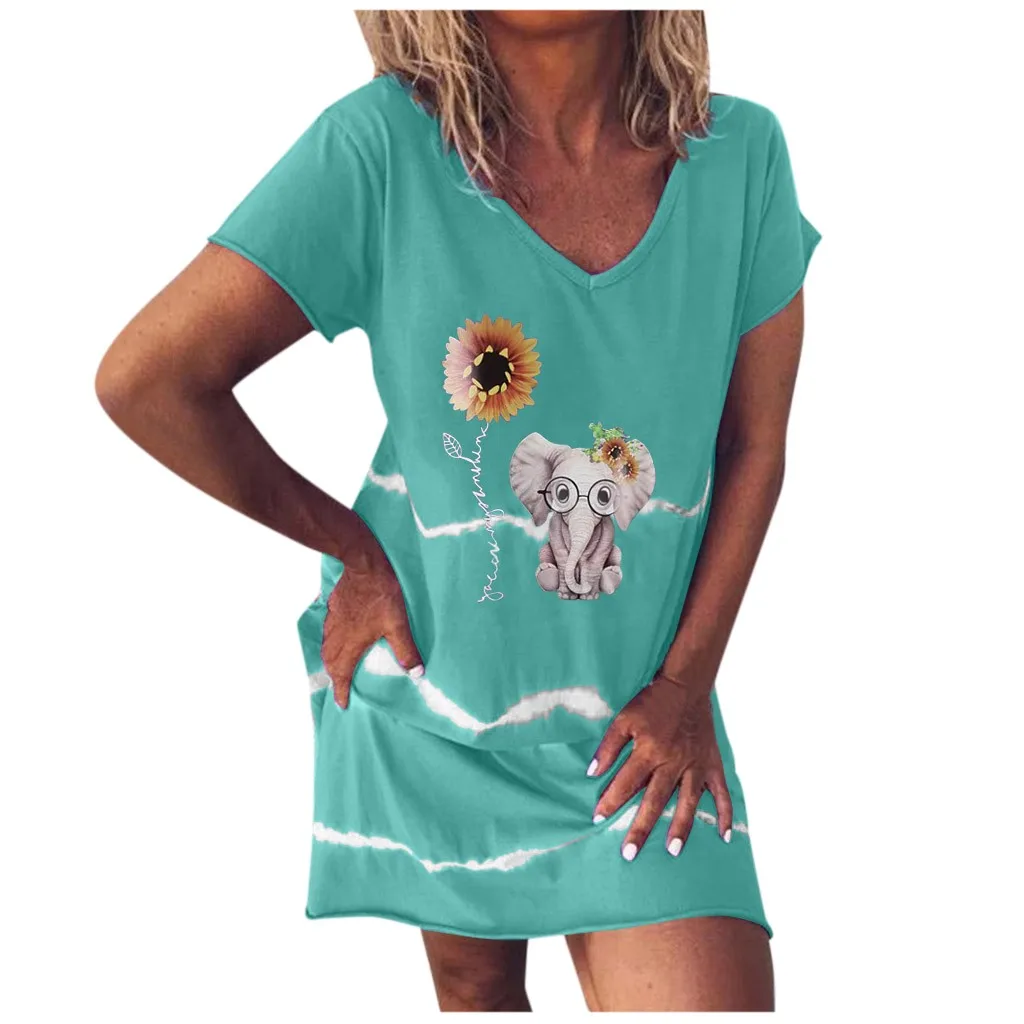 С принтом в виде подсолнухов Женская модельная Повседневная V образным вырезом с