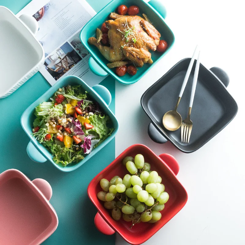 

Креативная глазурованная керамическая прямоугольная тарелка, домашние глубокие тарелки для запеченного риса, микроволновой печи, бинаура...