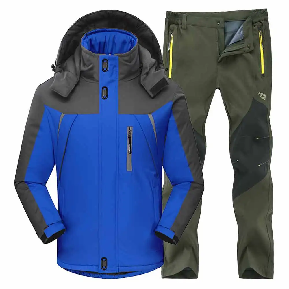 BlueArmyGreenSuit Мужские зимние водонепроницаемые лыжные теплые флисовые походные куртки для рыбалки и катания на лыжах, мужские походные брюки, походная куртка, комплект, 4XL костюм - Цвет: BlueArmyGreenSuit