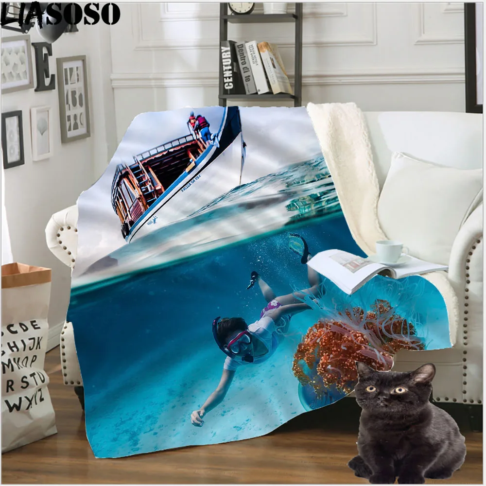 

LIASOSO Diving 3D Printed Blanket For Winter Plush Warm Dive into the sea Underwater Sofa Chair Cover Sports Luxury Blanket